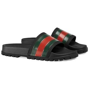 MENS WEB RUBBER GUCCI SLIDES